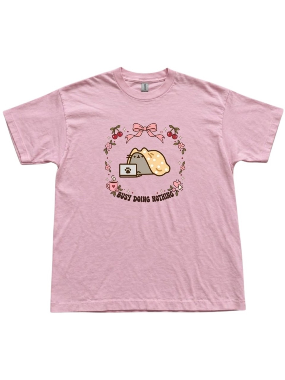 Gildan Light Pink graphic Tee with Cozy Cat pusheen Graphic
